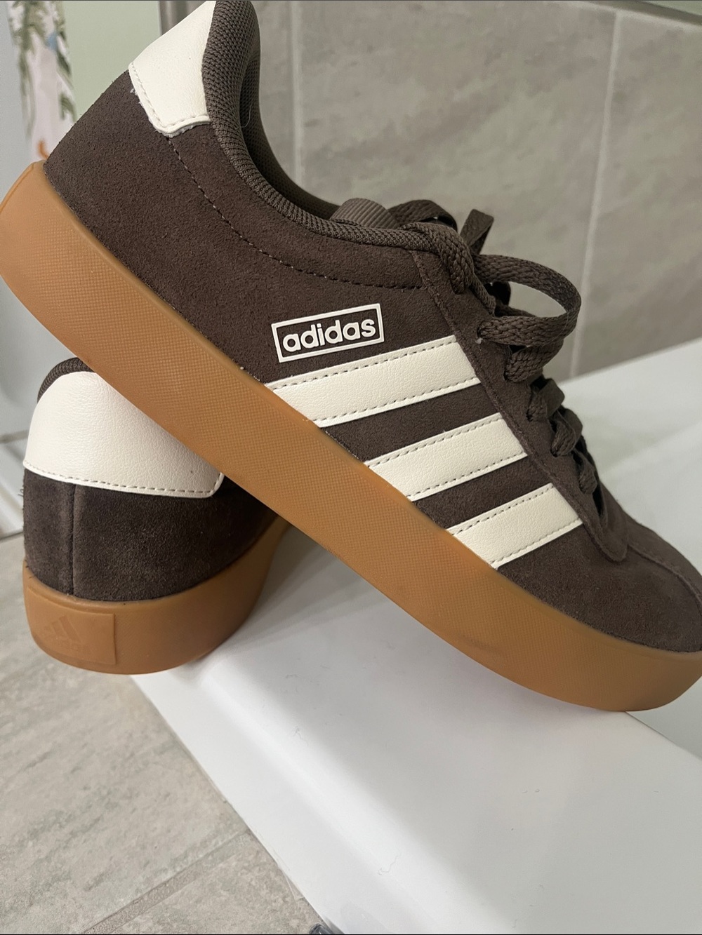 ADIDAS Brown Suede Sneakers with White Stripes and Gum Sole